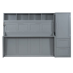 English Elm Full Size Murphy Wall Bed with Integrated Wardrobe and Drawer Storage in Gray MDF LP000792AAE-4