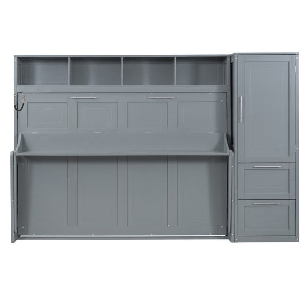 English Elm Full Size Murphy Wall Bed with Integrated Wardrobe and Drawer Storage in Gray MDF LP000792AAE-4