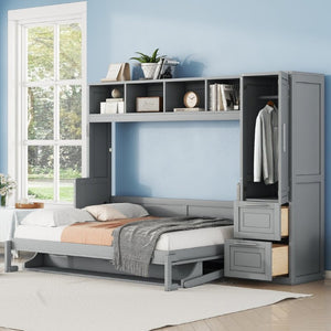English Elm Full Size Murphy Wall Bed with Integrated Wardrobe and Drawer Storage in Gray MDF LP000792AAE-4