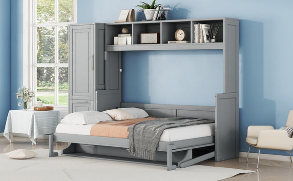 English Elm Full Size Murphy Wall Bed with Integrated Wardrobe and Drawer Storage in Gray MDF LP000792AAE-4