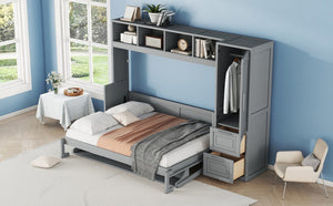 English Elm Full Size Murphy Wall Bed with Integrated Wardrobe and Drawer Storage in Gray MDF LP000792AAE-4