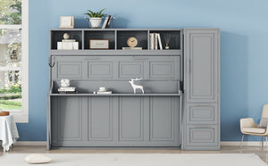 English Elm Full Size Murphy Wall Bed with Integrated Wardrobe and Drawer Storage in Gray MDF LP000792AAE-4