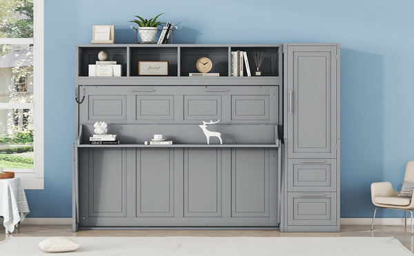 English Elm Full Size Murphy Wall Bed with Integrated Wardrobe and Drawer Storage in Gray MDF LP000792AAE-4