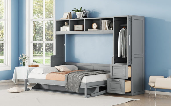 English Elm Full Size Murphy Wall Bed with Integrated Wardrobe and Drawer Storage in Gray MDF LP000792AAE-4