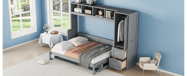 English Elm Full Size Murphy Wall Bed with Integrated Wardrobe and Drawer Storage in Gray MDF LP000792AAE-4