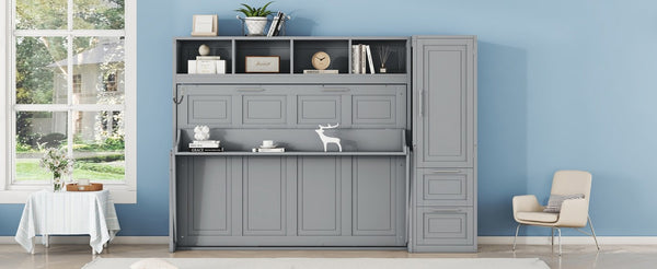 English Elm Full Size Murphy Wall Bed with Integrated Wardrobe and Drawer Storage in Gray MDF LP000792AAE-4