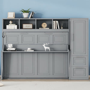 English Elm Full Size Murphy Wall Bed with Integrated Wardrobe and Drawer Storage in Gray MDF LP000792AAE-4