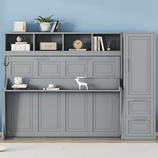 English Elm Full Size Murphy Wall Bed with Integrated Wardrobe and Drawer Storage in Gray MDF LP000792AAE-4
