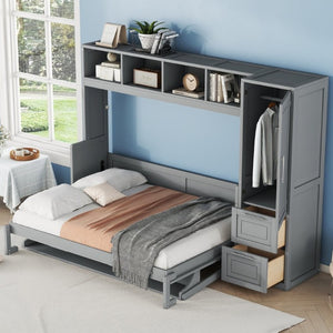 English Elm Full Size Murphy Wall Bed with Integrated Wardrobe and Drawer Storage in Gray MDF LP000792AAE-4