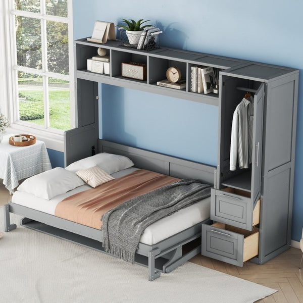 English Elm Full Size Murphy Wall Bed with Integrated Wardrobe and Drawer Storage in Gray MDF LP000792AAE-4