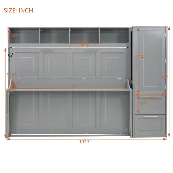 English Elm Full Size Murphy Wall Bed with Integrated Wardrobe and Drawer Storage in Gray MDF LP000792AAE-4