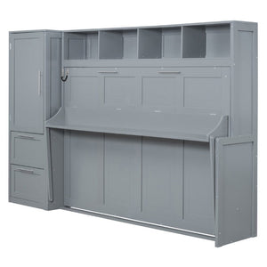 English Elm Full Size Murphy Wall Bed with Integrated Wardrobe and Drawer Storage in Gray MDF LP000792AAE-4