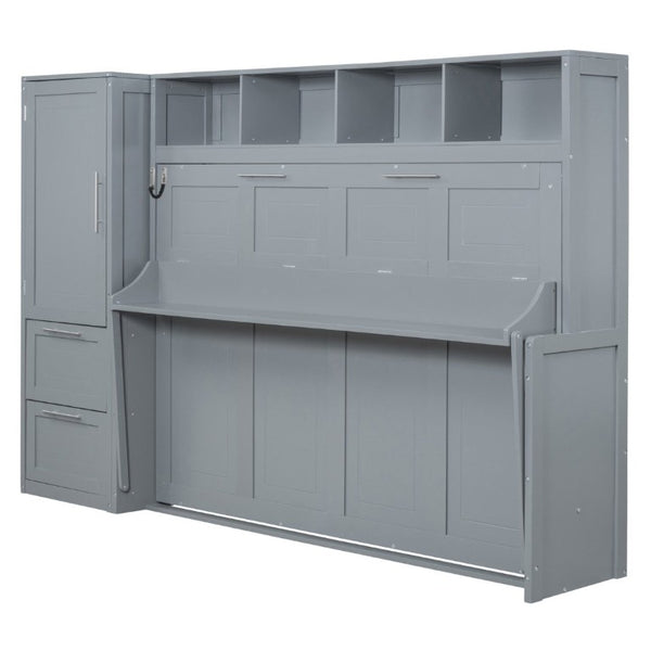 English Elm Full Size Murphy Wall Bed with Integrated Wardrobe and Drawer Storage in Gray MDF LP000792AAE-4