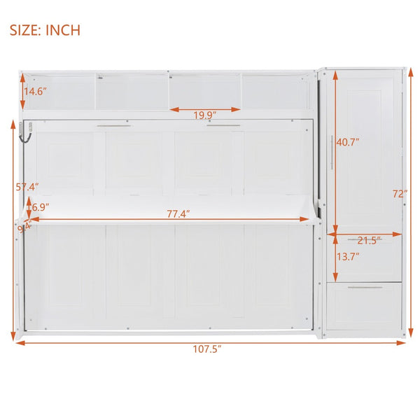 English Elm Full Size Murphy Wall Bed with Wardrobe Drawers White Cabinet Space Saving LP000792AAK-3