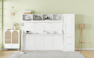 English Elm Full Size Murphy Wall Bed with Wardrobe Drawers White Cabinet Space Saving LP000792AAK-3
