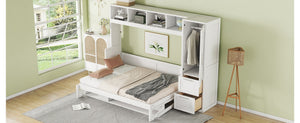 English Elm Full Size Murphy Wall Bed with Wardrobe Drawers White Cabinet Space Saving LP000792AAK-3