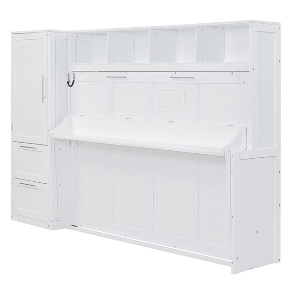 English Elm Full Size Murphy Wall Bed with Wardrobe Drawers White Cabinet Space Saving LP000792AAK-3