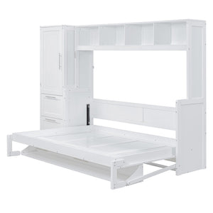 English Elm Full Size Murphy Wall Bed with Wardrobe Drawers White Cabinet Space Saving LP000792AAK-3