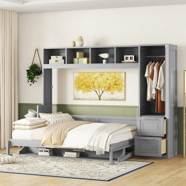 English Elm Queen Murphy Wall Bed with Built-In Wardrobe and Drawers for Space-Saving Rooms Gray LP000793AAE-4