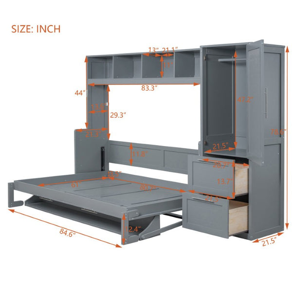 English Elm Queen Murphy Wall Bed with Built-In Wardrobe and Drawers for Space-Saving Rooms Gray LP000793AAE-4