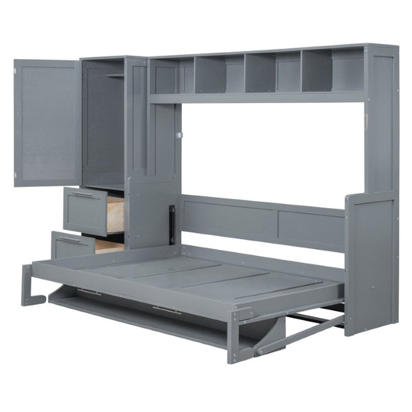 English Elm Queen Murphy Wall Bed with Built-In Wardrobe and Drawers for Space-Saving Rooms Gray LP000793AAE-4