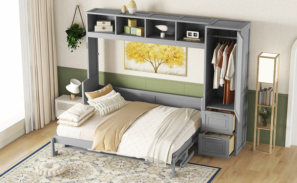 English Elm Queen Murphy Wall Bed with Built-In Wardrobe and Drawers for Space-Saving Rooms Gray LP000793AAE-4