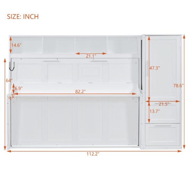 English Elm Queen Murphy Wall Bed with Built-In Wardrobe and Drawers for Space-Saving Rooms White LP000793AAK-4