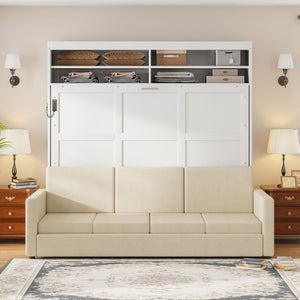 English Elm Queen Murphy Wall Bed with Integrated Linen Sofa Space Saving Studio Solution LP000892AAK-2