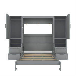 English Elm Full Size Murphy Wall Bed with Wardrobe Drawers and Shelving in Gray MDF Cabinet LP000908AAE-1
