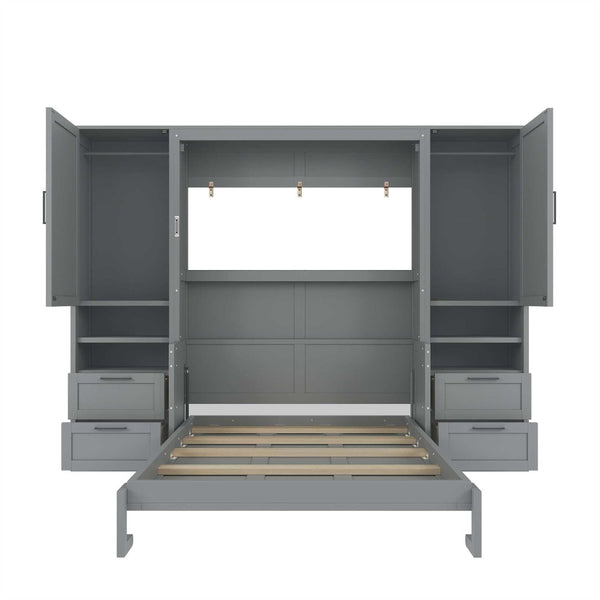 English Elm Full Size Murphy Wall Bed with Wardrobe Drawers and Shelving in Gray MDF Cabinet LP000908AAE-1