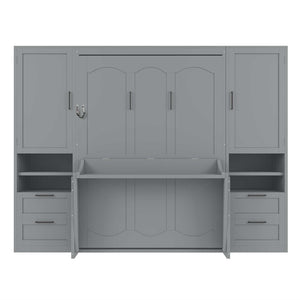 English Elm Full Size Murphy Wall Bed with Wardrobe Drawers and Shelving in Gray MDF Cabinet LP000908AAE-1