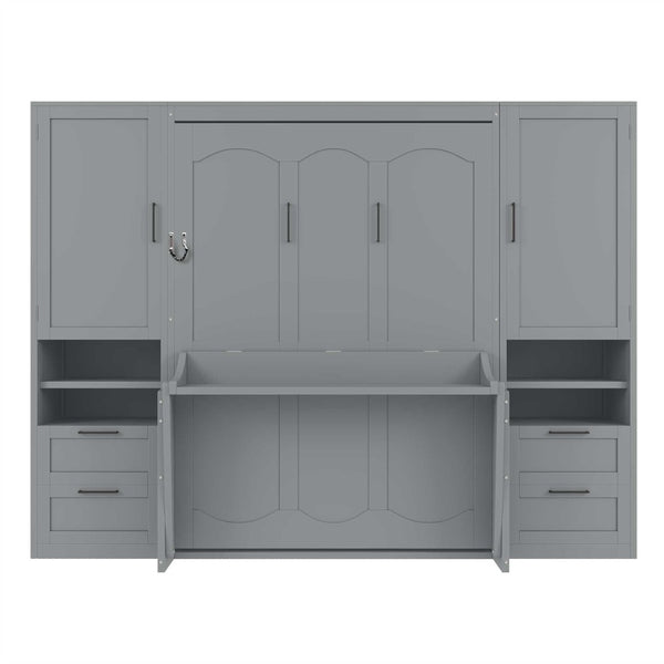 English Elm Full Size Murphy Wall Bed with Wardrobe Drawers and Shelving in Gray MDF Cabinet LP000908AAE-1