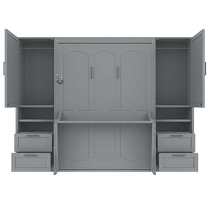 English Elm Full Size Murphy Wall Bed with Wardrobe Drawers and Shelving in Gray MDF Cabinet LP000908AAE-1
