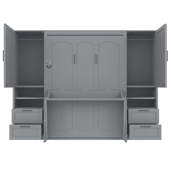English Elm Full Size Murphy Wall Bed with Wardrobe Drawers and Shelving in Gray MDF Cabinet LP000908AAE-1
