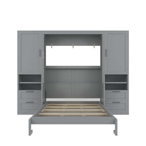English Elm Full Size Murphy Wall Bed with Wardrobe Drawers and Shelving in Gray MDF Cabinet LP000908AAE-1