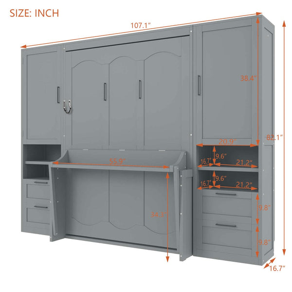English Elm Full Size Murphy Wall Bed with Wardrobe Drawers and Shelving in Gray MDF Cabinet LP000908AAE-1