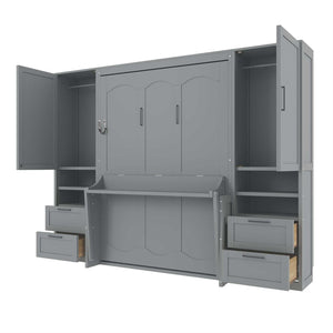 English Elm Full Size Murphy Wall Bed with Wardrobe Drawers and Shelving in Gray MDF Cabinet LP000908AAE-1