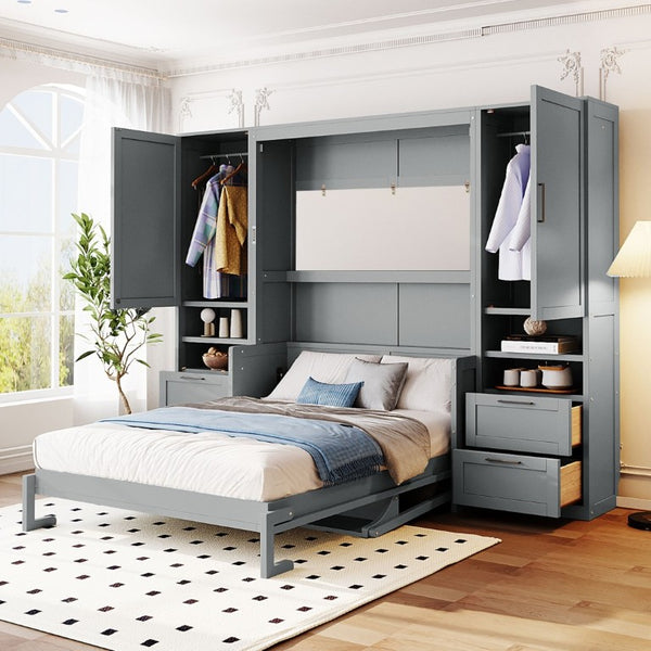 English Elm Full Size Murphy Wall Bed with Wardrobe Drawers and Shelves in Gray MDF Finish LP000908AAE-2