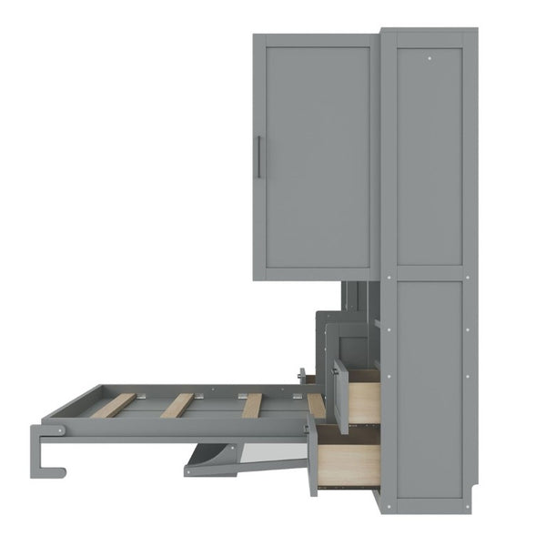 English Elm Full Size Murphy Wall Bed with Wardrobe Drawers and Shelves in Gray MDF Finish LP000908AAE-2