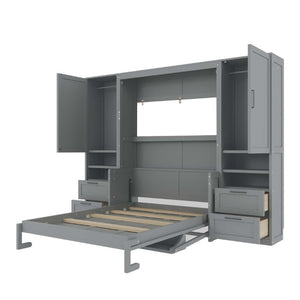 English Elm Full Size Murphy Wall Bed with Wardrobe Drawers and Shelves in Gray MDF Finish LP000908AAE-2