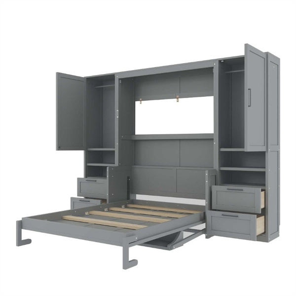 English Elm Full Size Murphy Wall Bed with Wardrobe Drawers and Shelves in Gray MDF Finish LP000908AAE-2