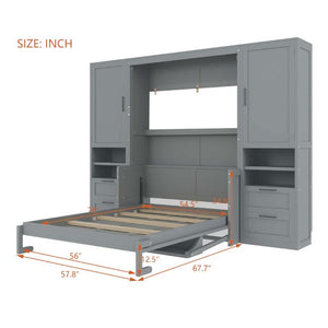 English Elm Full Size Murphy Wall Bed with Wardrobe Drawers and Shelves in Gray MDF Finish LP000908AAE-2