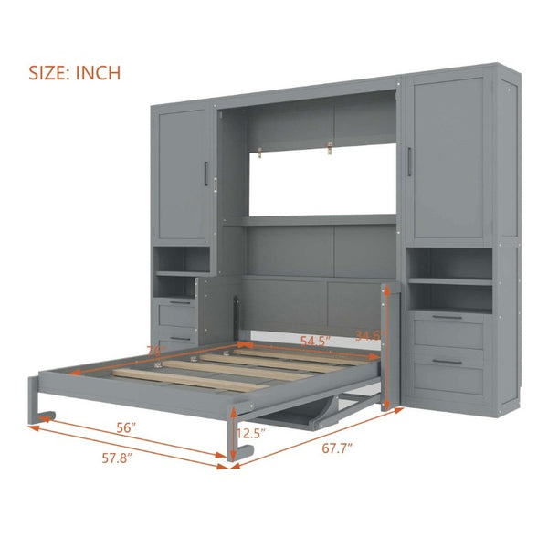 English Elm Full Size Murphy Wall Bed with Wardrobe Drawers and Shelves in Gray MDF Finish LP000908AAE-2