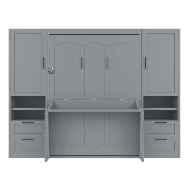 English Elm Full Size Murphy Wall Bed with Wardrobe Drawers and Shelves in Gray MDF Finish LP000908AAE-2