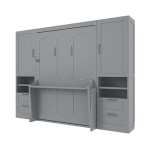 English Elm Full Size Murphy Wall Bed with Wardrobe Drawers and Shelves in Gray MDF Finish LP000908AAE-2