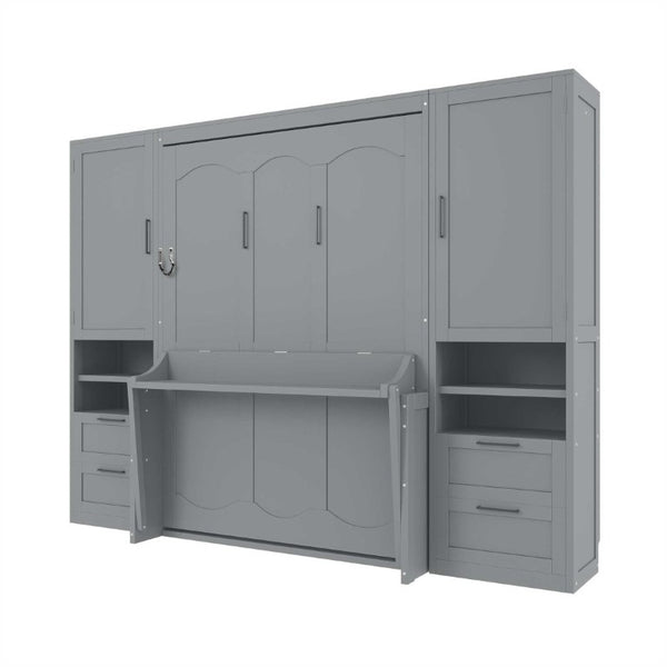 English Elm Full Size Murphy Wall Bed with Wardrobe Drawers and Shelves in Gray MDF Finish LP000908AAE-2