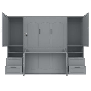 English Elm Full Size Murphy Wall Bed with Wardrobe Drawers and Shelves in Gray MDF Finish LP000908AAE-2