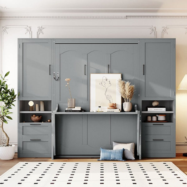 English Elm Full Size Murphy Wall Bed with Wardrobe Drawers and Shelves in Gray MDF Finish LP000908AAE-2