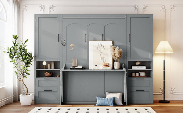 English Elm Full Size Murphy Wall Bed with Wardrobe Drawers and Shelves in Gray MDF Finish LP000908AAE-2