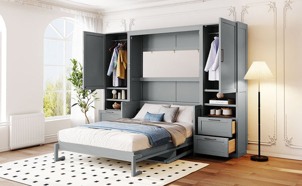 English Elm Full Size Murphy Wall Bed with Wardrobe Drawers and Shelves in Gray MDF Finish LP000908AAE-2